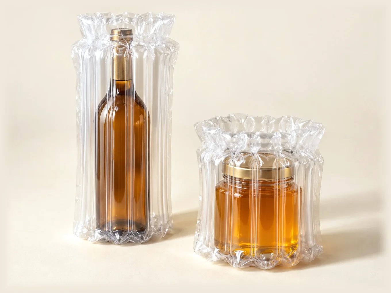 Clear inflatable air-column bags around a bottle and a jar