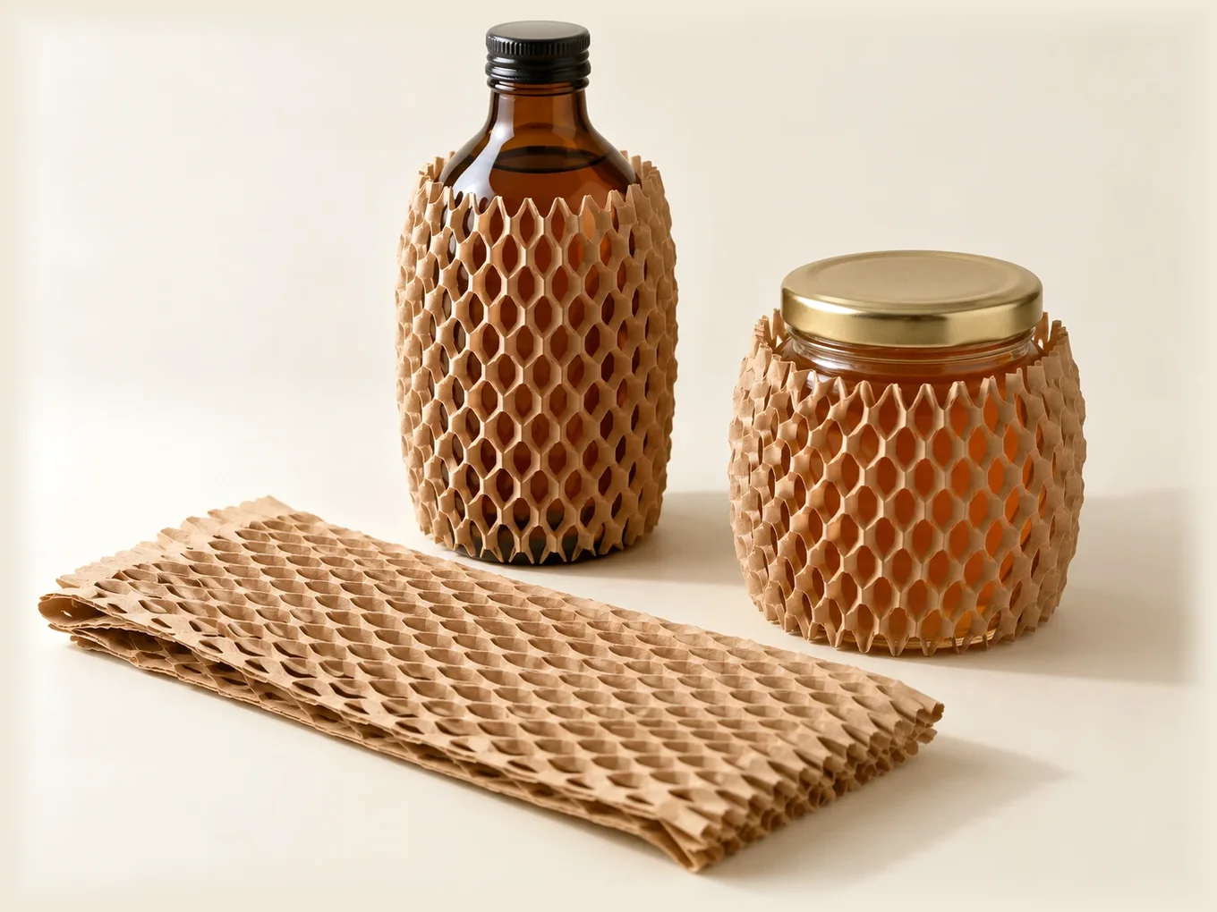 Amber bottle and glass jar in kraft honeycomb paper sleeves