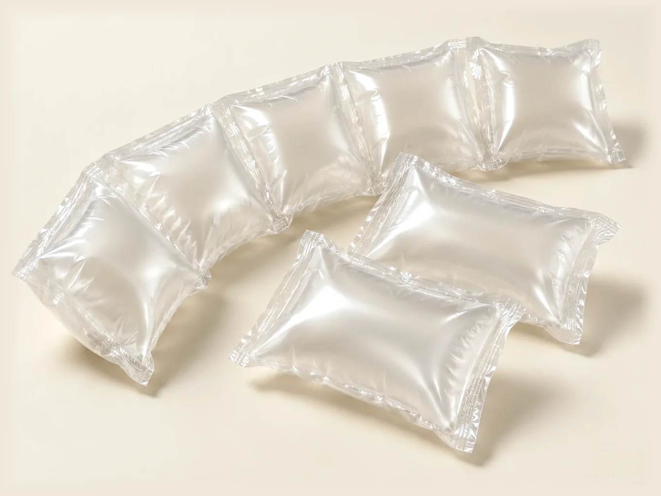 Chain of clear inflated plastic air pillows