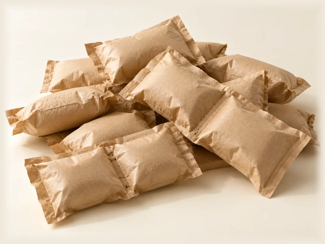 Pile of inflated kraft paper air pillows